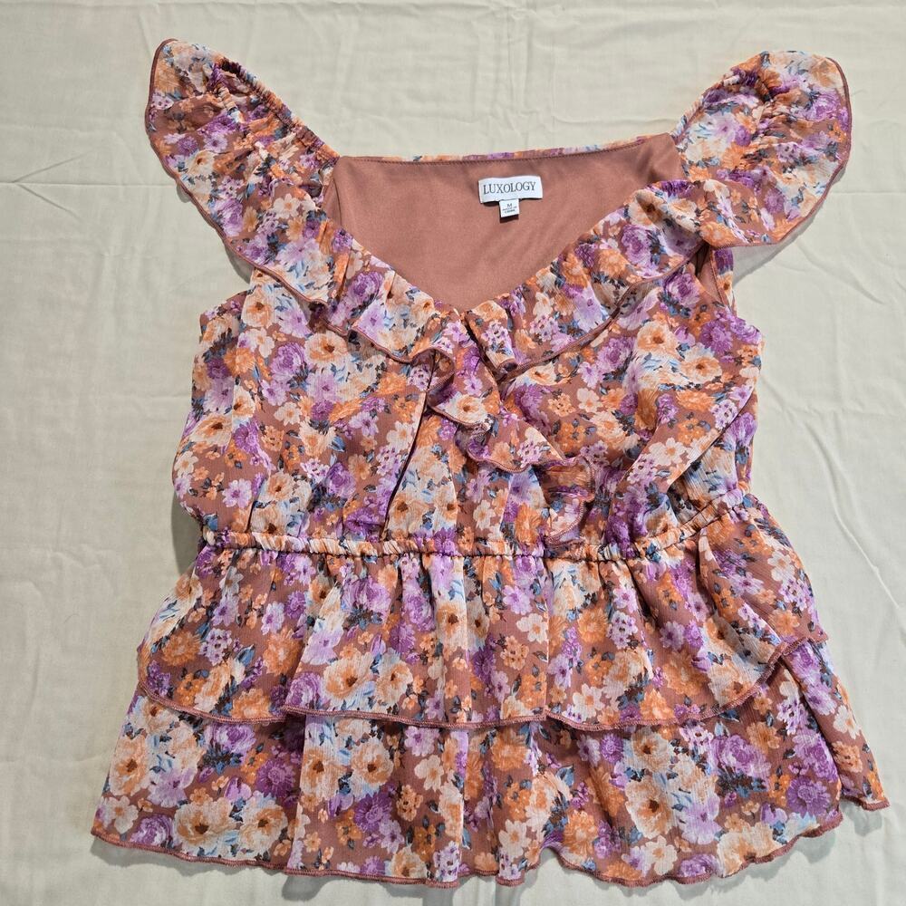 Luxology Floral Print Ruffled Top Blouse Size M Garden Girl Feminine Coquette
